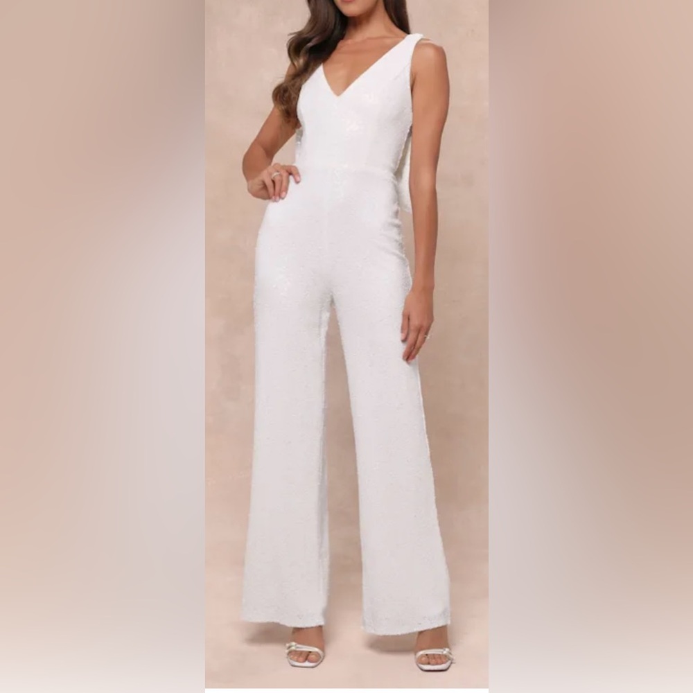 Lulu’s Feeling Sparkly White Sequin Bow Wide-Leg Jumpsuit Medium